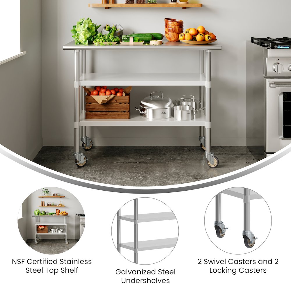Stainless Steel Prep and Work Table 24"x 48" with 2 Undershelves and 4 Casters