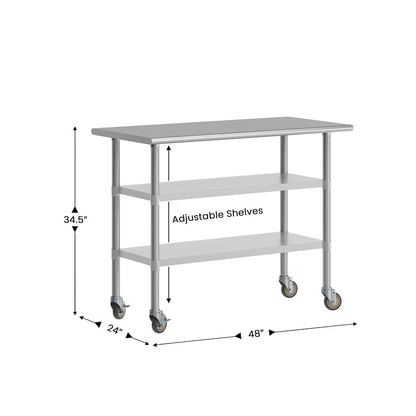 Stainless Steel Prep and Work Table 24"x 48" with 2 Undershelves and 4 Casters