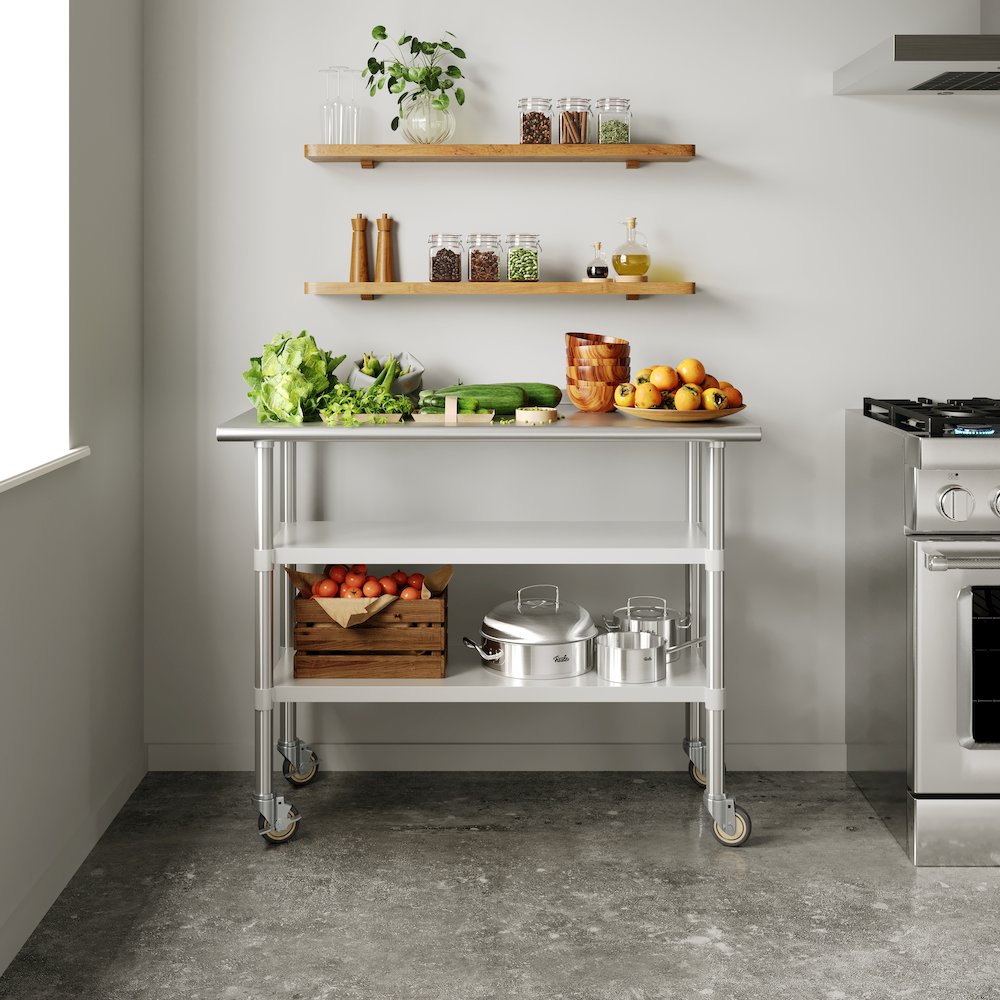 Stainless Steel Prep and Work Table 24"x 48" with 2 Undershelves and 4 Casters
