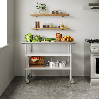 Stainless Steel Prep and Work Table 24"x 48" with 2 Undershelves and 4 Casters