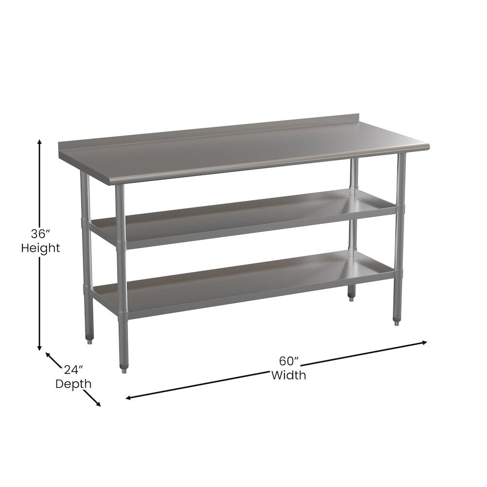 Stainless Steel 18 Gauge Work Table with 1.5" Backsplash and 2 Undershelves