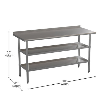 Stainless Steel 18 Gauge Work Table with 1.5" Backsplash and 2 Undershelves