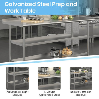 Stainless Steel 18 Gauge Work Table with 1.5" Backsplash and 2 Undershelves