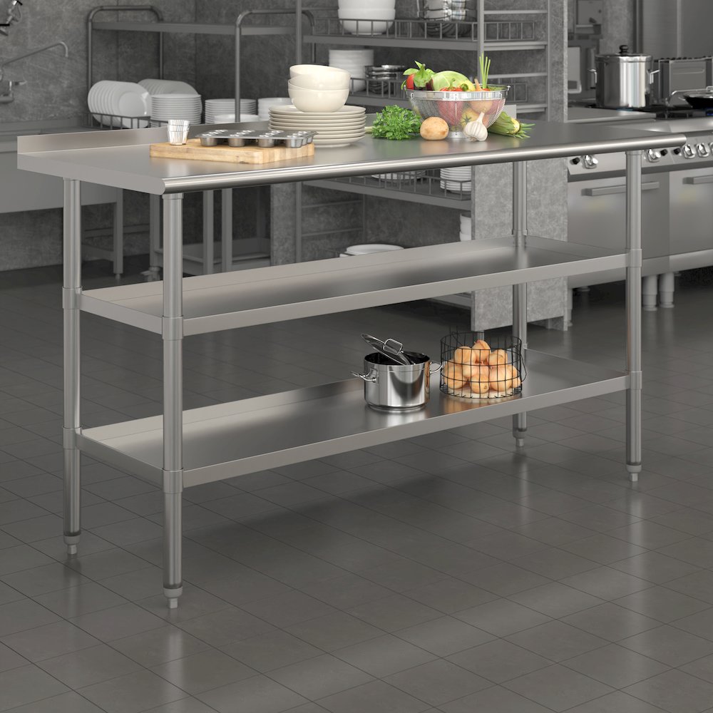 Stainless Steel 18 Gauge Work Table with 1.5" Backsplash and 2 Undershelves