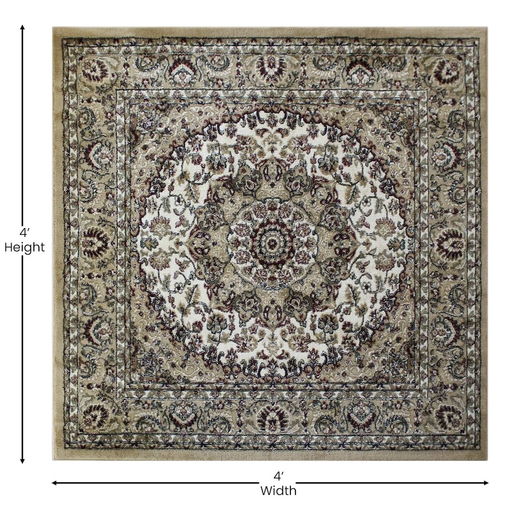 Medallion Motif 4' x 4' Square Area Rug for Living Room or Bedroom