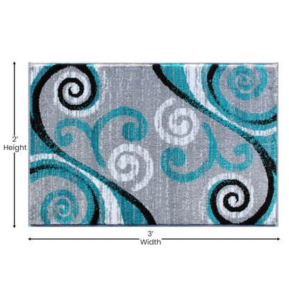2' x 3' Turquoise Abstract Area Rug - Olefin Rug with Jute Backing