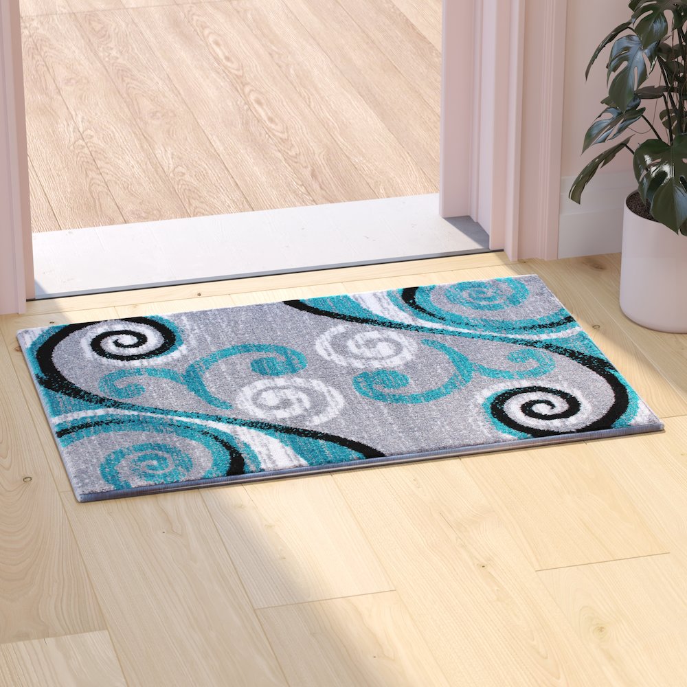 2' x 3' Turquoise Abstract Area Rug - Olefin Rug with Jute Backing