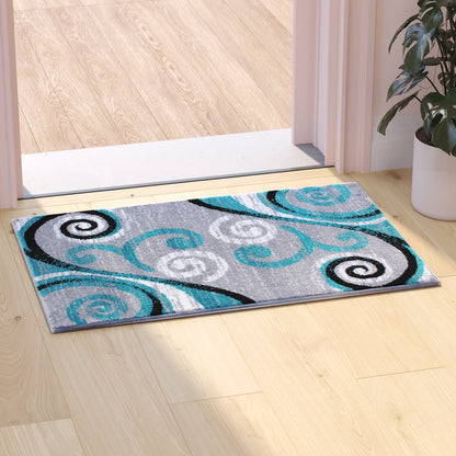 2' x 3' Turquoise Abstract Area Rug - Olefin Rug with Jute Backing