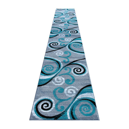 3' x 16' Turquoise Abstract Area Rug - Olefin Rug with Jute Backing