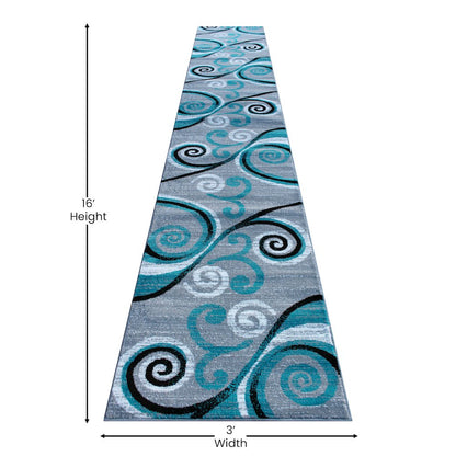 3' x 16' Turquoise Abstract Area Rug - Olefin Rug with Jute Backing