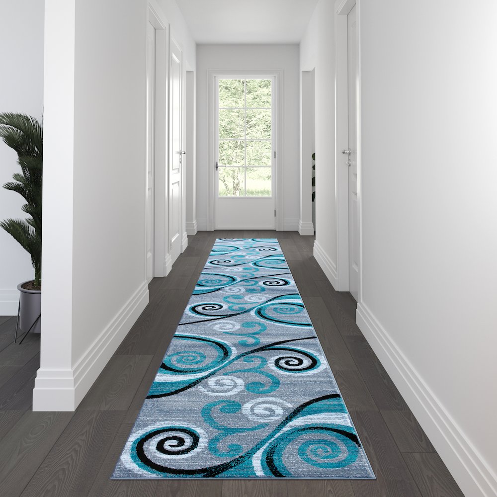 3' x 16' Turquoise Abstract Area Rug - Olefin Rug with Jute Backing