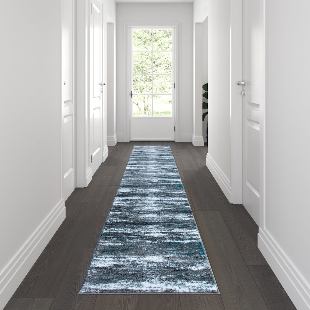 2' x 11' Distressed Turquoise Olefin Area Rug for Entryway, Living Room, Bedroom