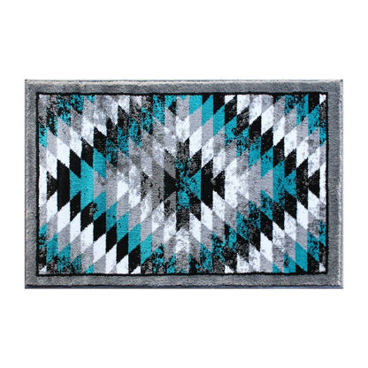 Southwestern 2' x 3' Turquoise Area Rug - Olefin Rug with Jute Backing