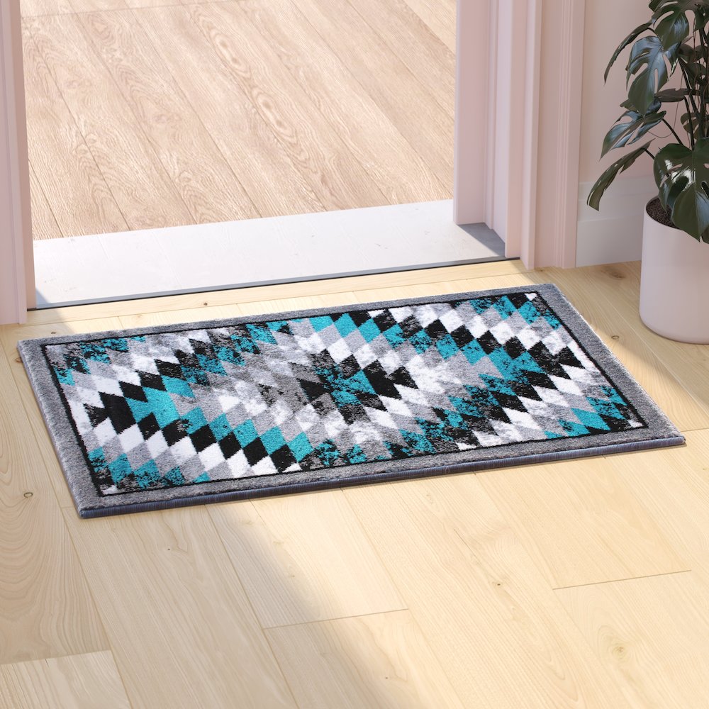 Southwestern 2' x 3' Turquoise Area Rug - Olefin Rug with Jute Backing