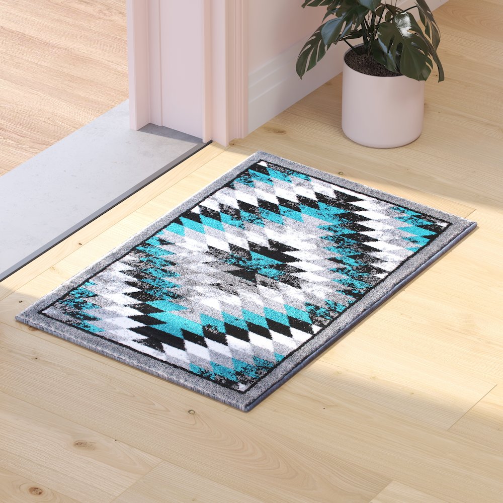 Southwestern 2' x 3' Turquoise Area Rug - Olefin Rug with Jute Backing