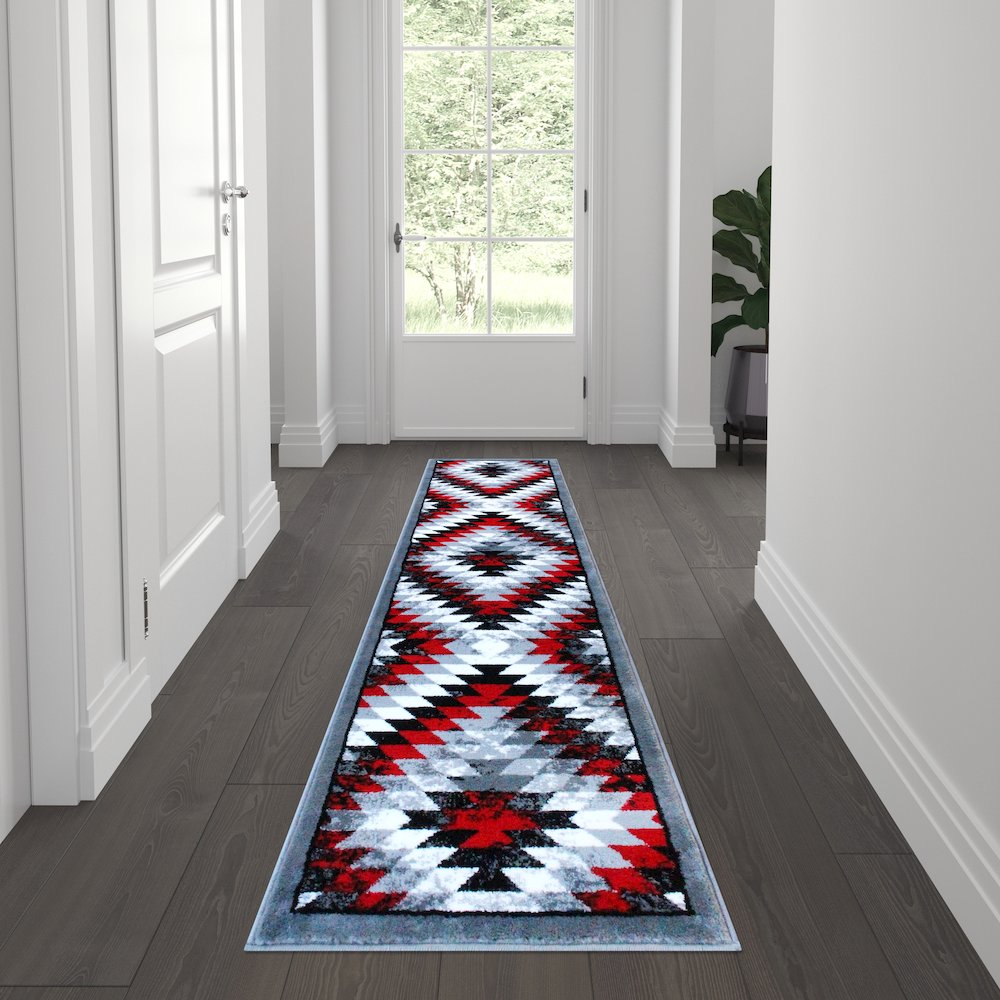 Southwestern 2' x 7' Red Area Rug - Olefin Rug with Jute Backing