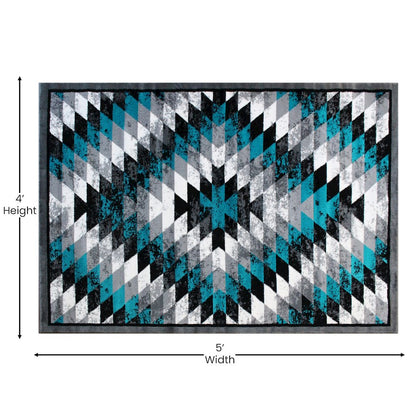 Southwestern 4' x 5' Turquoise Area Rug - Olefin Rug with Jute Backing