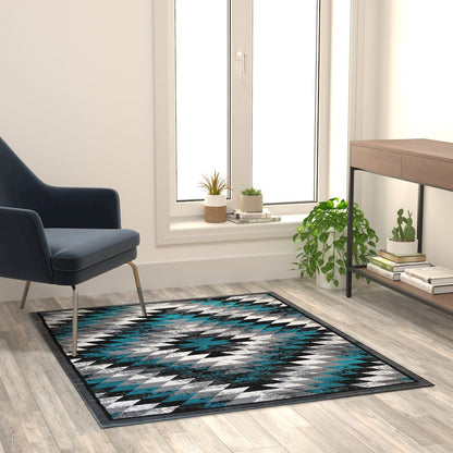 Southwestern 4' x 5' Turquoise Area Rug - Olefin Rug with Jute Backing