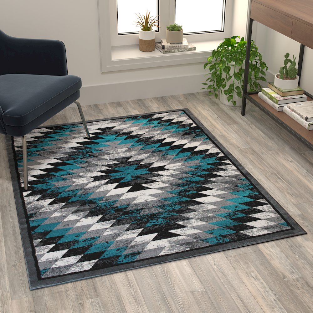 Southwestern 4' x 5' Turquoise Area Rug - Olefin Rug with Jute Backing