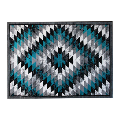 Southwestern 5' x 7' Turquoise Area Rug - Olefin Rug with Jute Backing