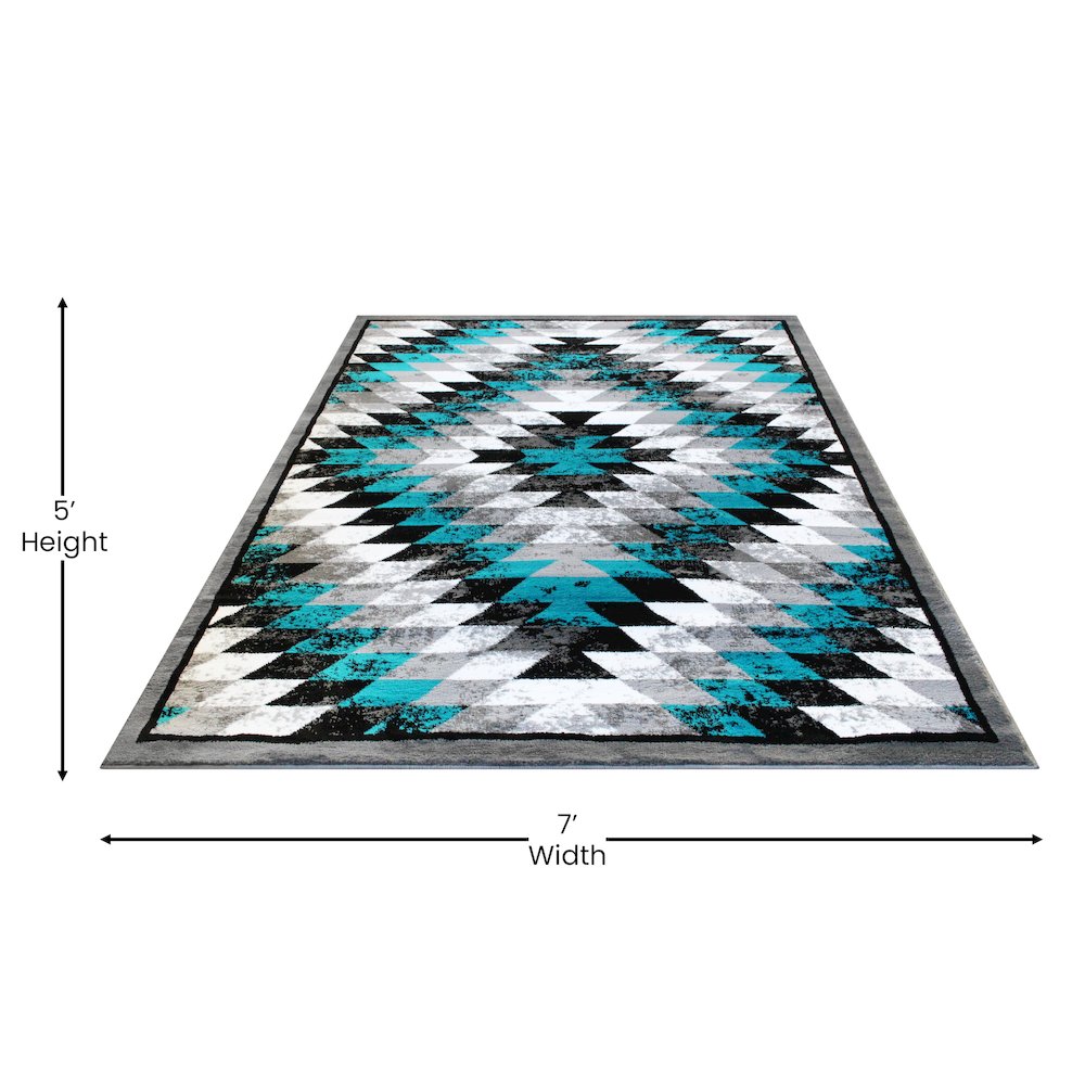 Southwestern 5' x 7' Turquoise Area Rug - Olefin Rug with Jute Backing