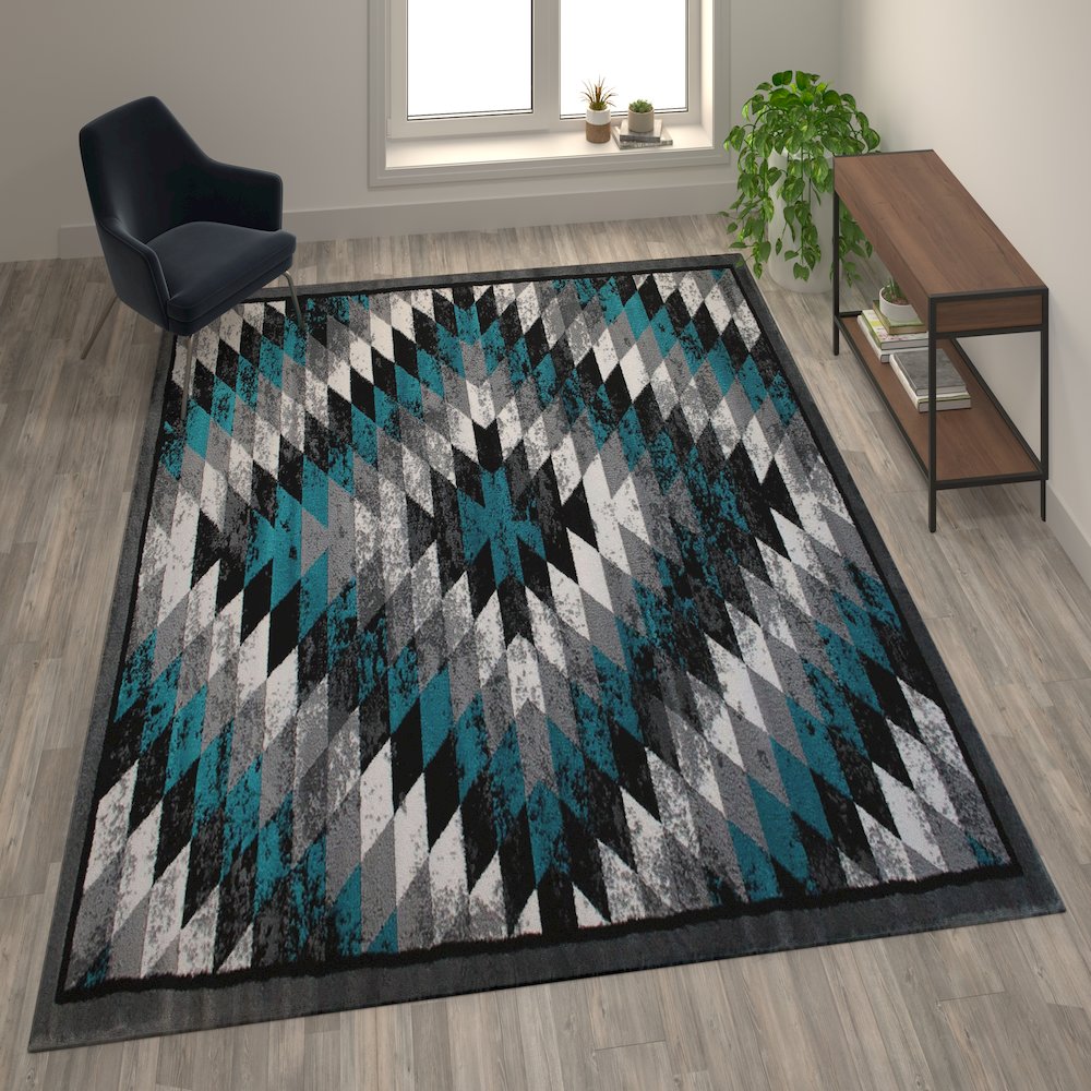 Southwestern 5' x 7' Turquoise Area Rug - Olefin Rug with Jute Backing