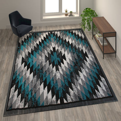 Southwestern 5' x 7' Turquoise Area Rug - Olefin Rug with Jute Backing
