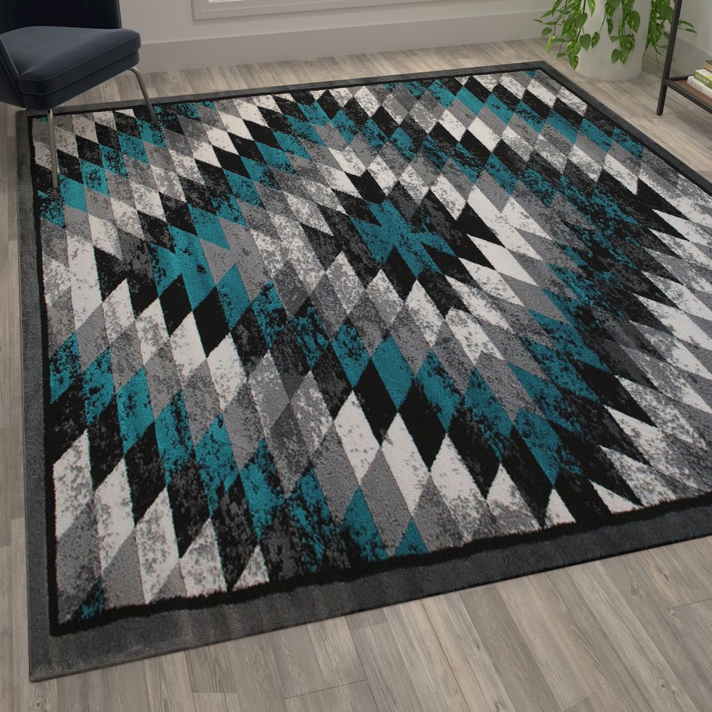 Southwestern 5' x 7' Turquoise Area Rug - Olefin Rug with Jute Backing
