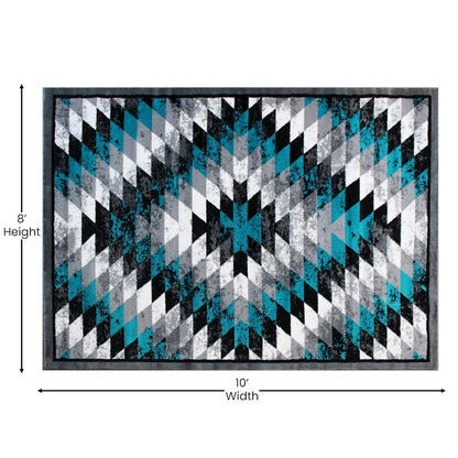 Southwestern 8' x 10' Turquoise Area Rug - Olefin Rug with Jute Backing