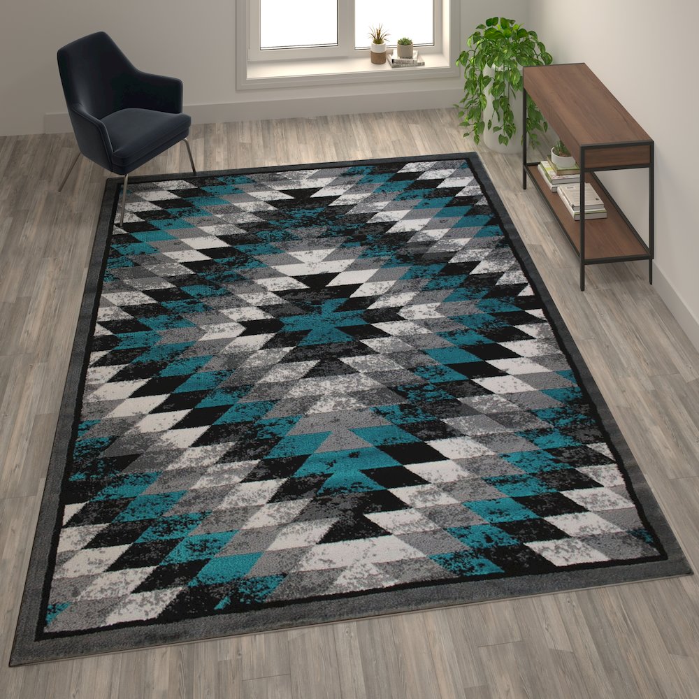 Southwestern 8' x 10' Turquoise Area Rug - Olefin Rug with Jute Backing