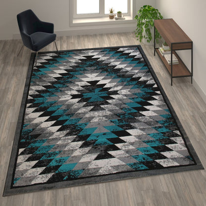 Southwestern 8' x 10' Turquoise Area Rug - Olefin Rug with Jute Backing