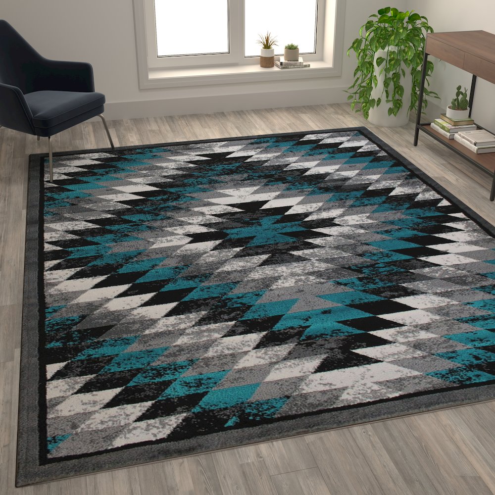 Southwestern 8' x 10' Turquoise Area Rug - Olefin Rug with Jute Backing