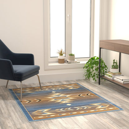 Southwestern 4' x 5' Blue Area Rug - Olefin Rug