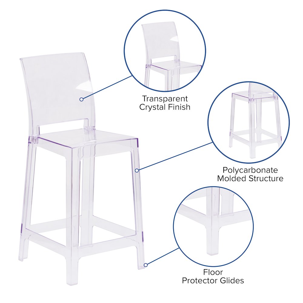 Ghost Counter Stool with Square Back in Transparent Crystal