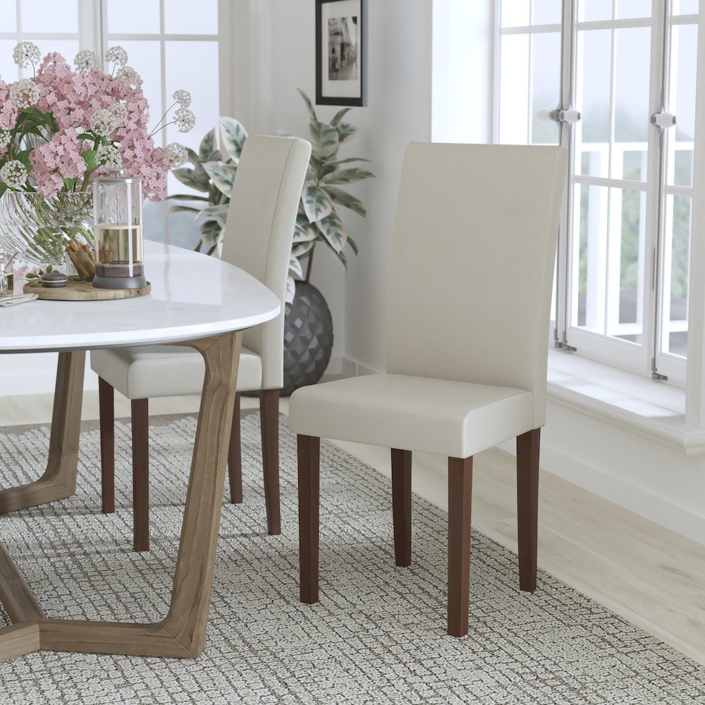 Ivory LeatherSoft Upholstered Panel Back Mid-Century Parsons Dining Chair