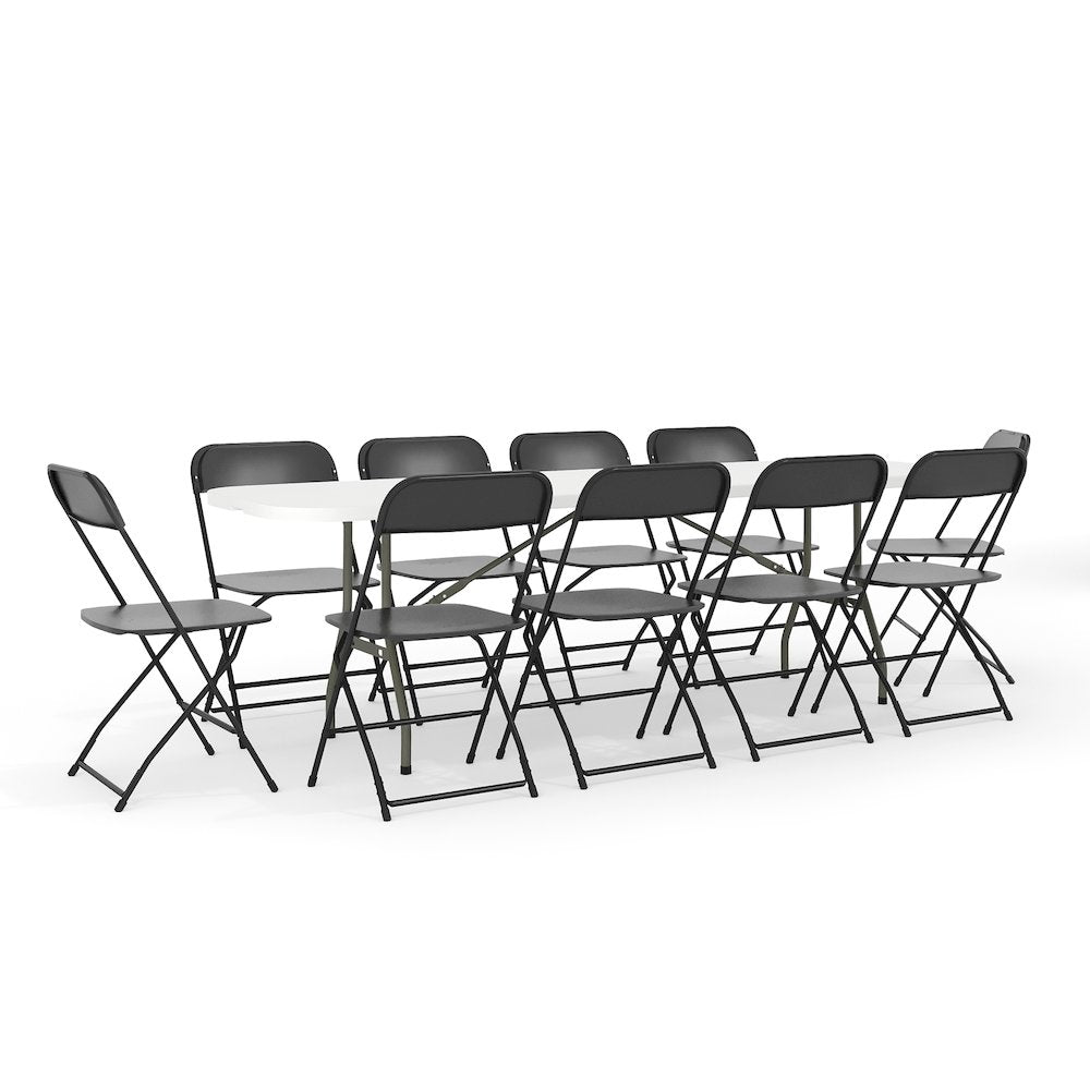 8' Granite White Plastic Event/Training Folding Table Set with 10 Folding Chairs