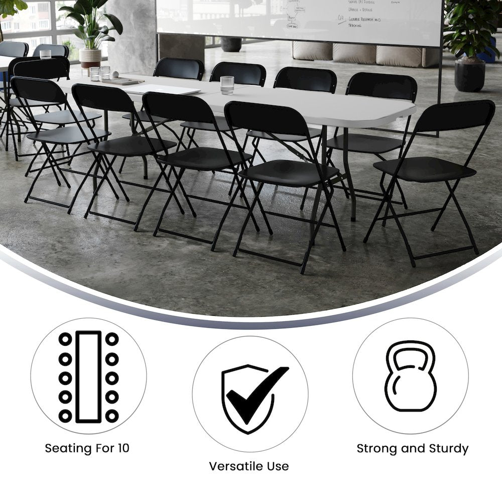 8' Granite White Plastic Event/Training Folding Table Set with 10 Folding Chairs