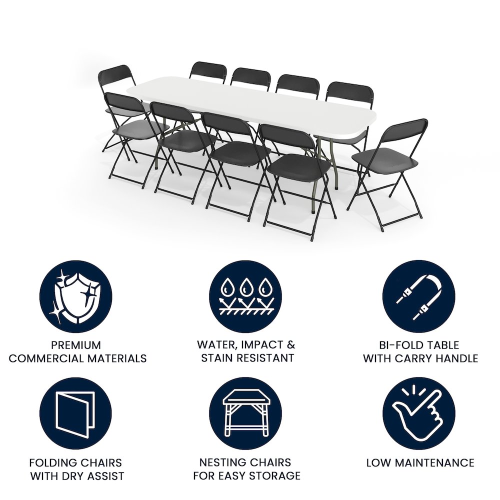 8' Granite White Plastic Event/Training Folding Table Set with 10 Folding Chairs