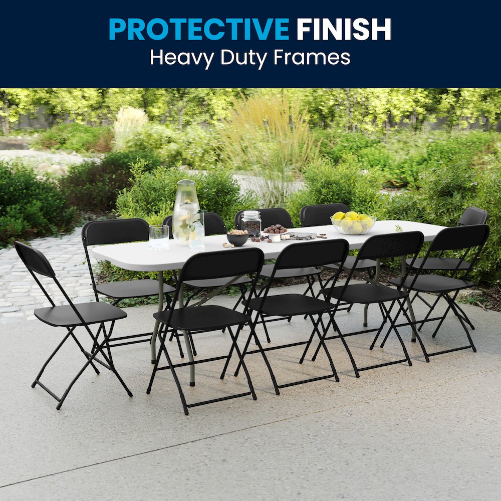 8' Granite White Plastic Event/Training Folding Table Set with 10 Folding Chairs