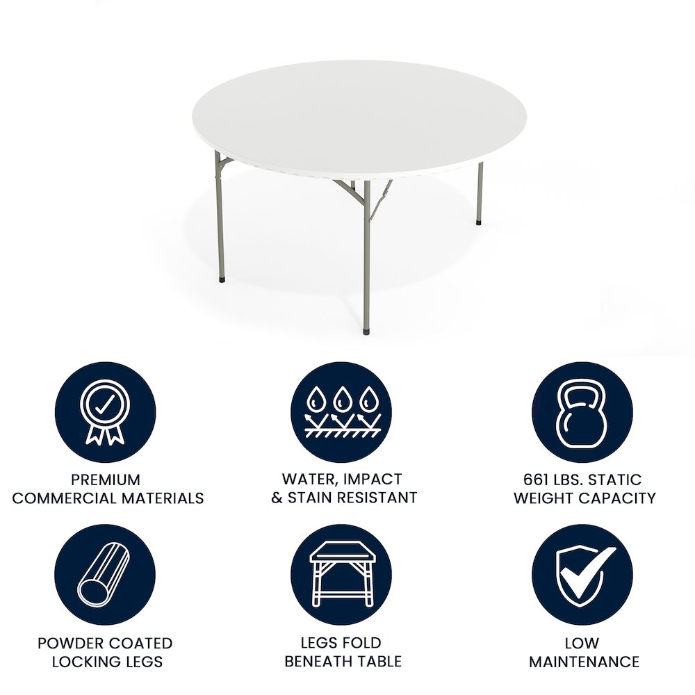 5-Foot Round Granite White Plastic Folding Table, Round Table for 8 Guests