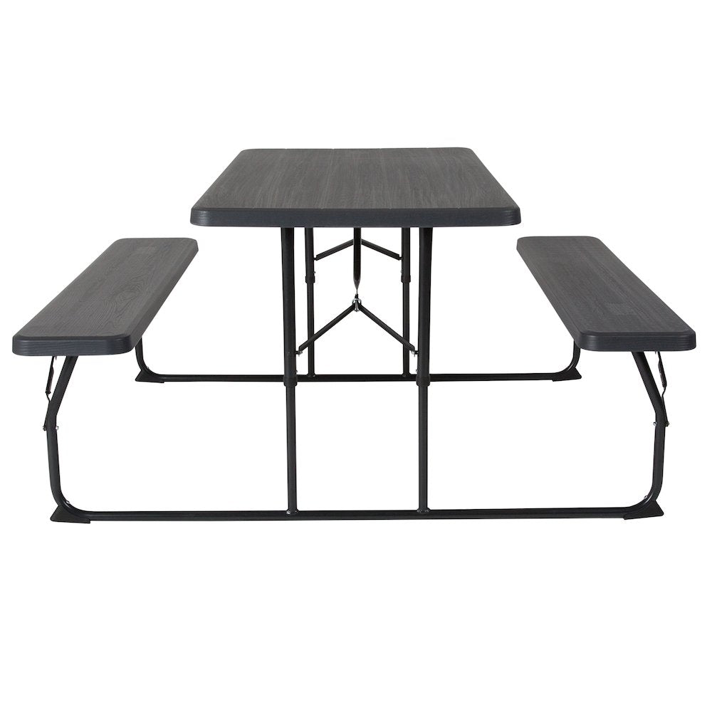 Charcoal Wood Grain Folding Picnic Table and Benches - 4.5 Foot Folding Table