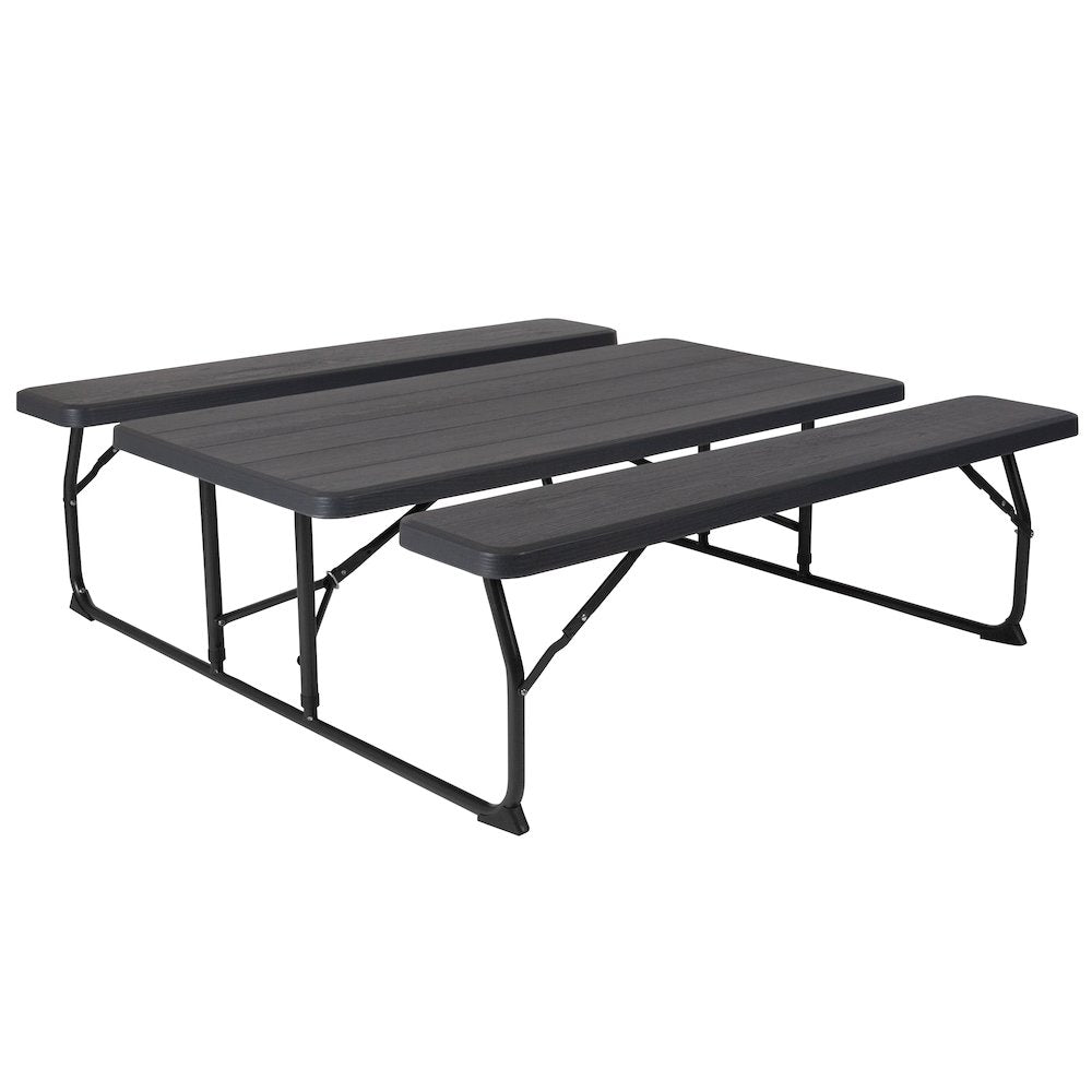 Charcoal Wood Grain Folding Picnic Table and Benches - 4.5 Foot Folding Table