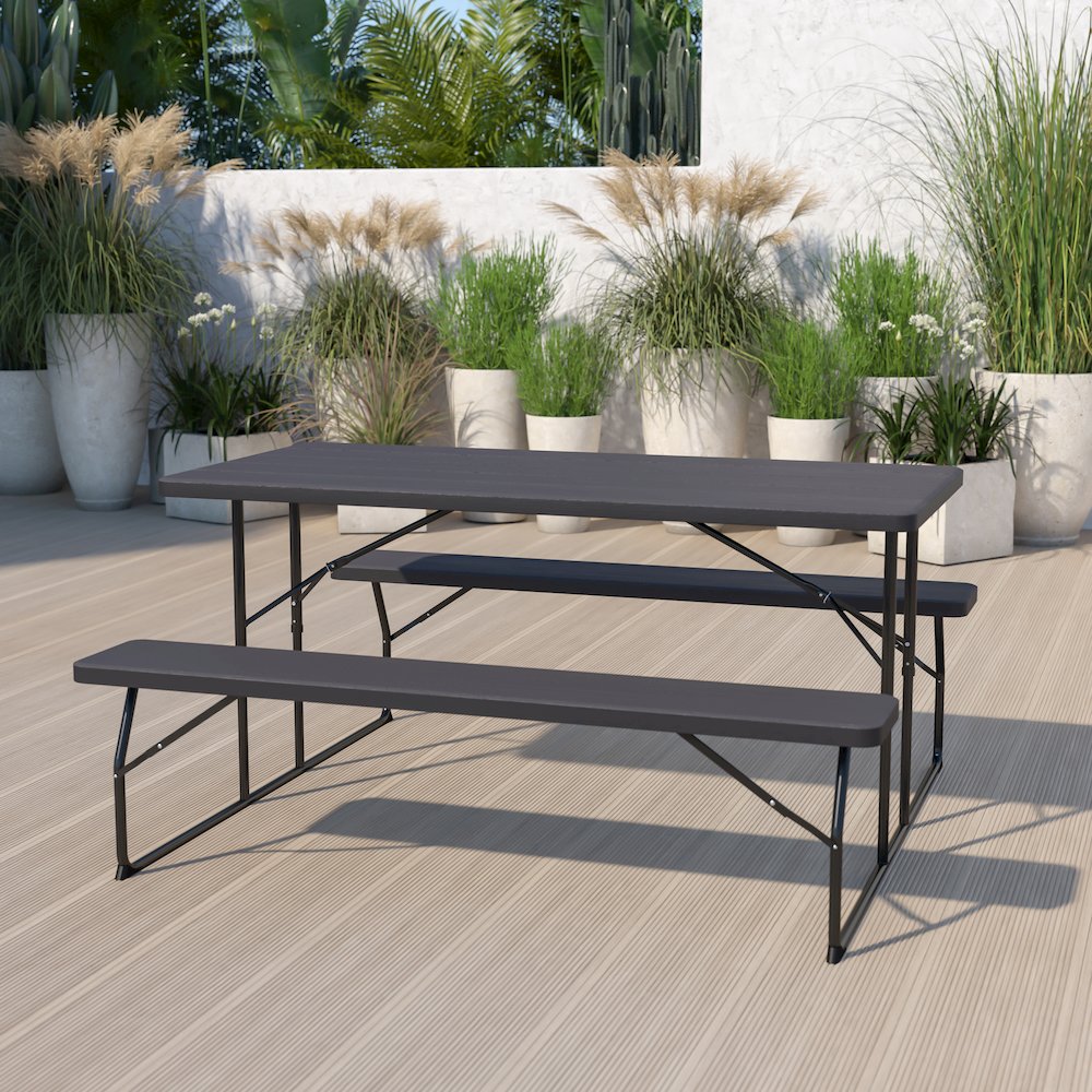 Charcoal Wood Grain Folding Picnic Table and Benches - 4.5 Foot Folding Table