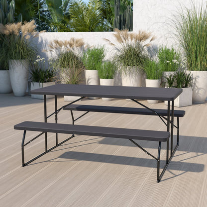 Charcoal Wood Grain Folding Picnic Table and Benches - 4.5 Foot Folding Table