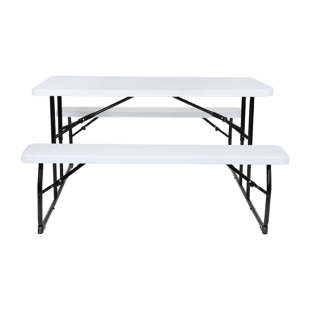 White Wood Grain Folding Picnic Table and Benches - 4.5 Foot Folding Table
