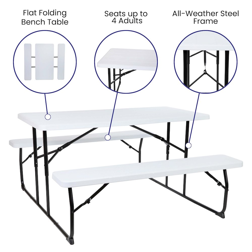 White Wood Grain Folding Picnic Table and Benches - 4.5 Foot Folding Table