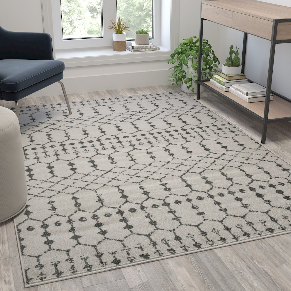 Geometric Bohemian Low Pile Rug - 5' x 7' -Ivory/Gray Polyester