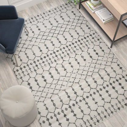 Geometric Bohemian Low Pile Rug - 5' x 7' -Ivory/Gray Polyester