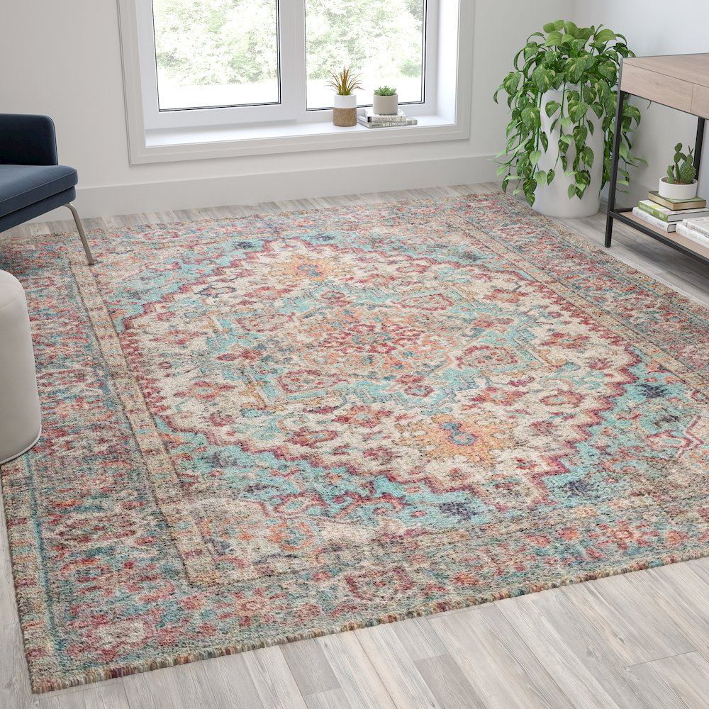 Distressed Vintage Medallion Area Rug - 8' x 10' - Blue Multi Polyester