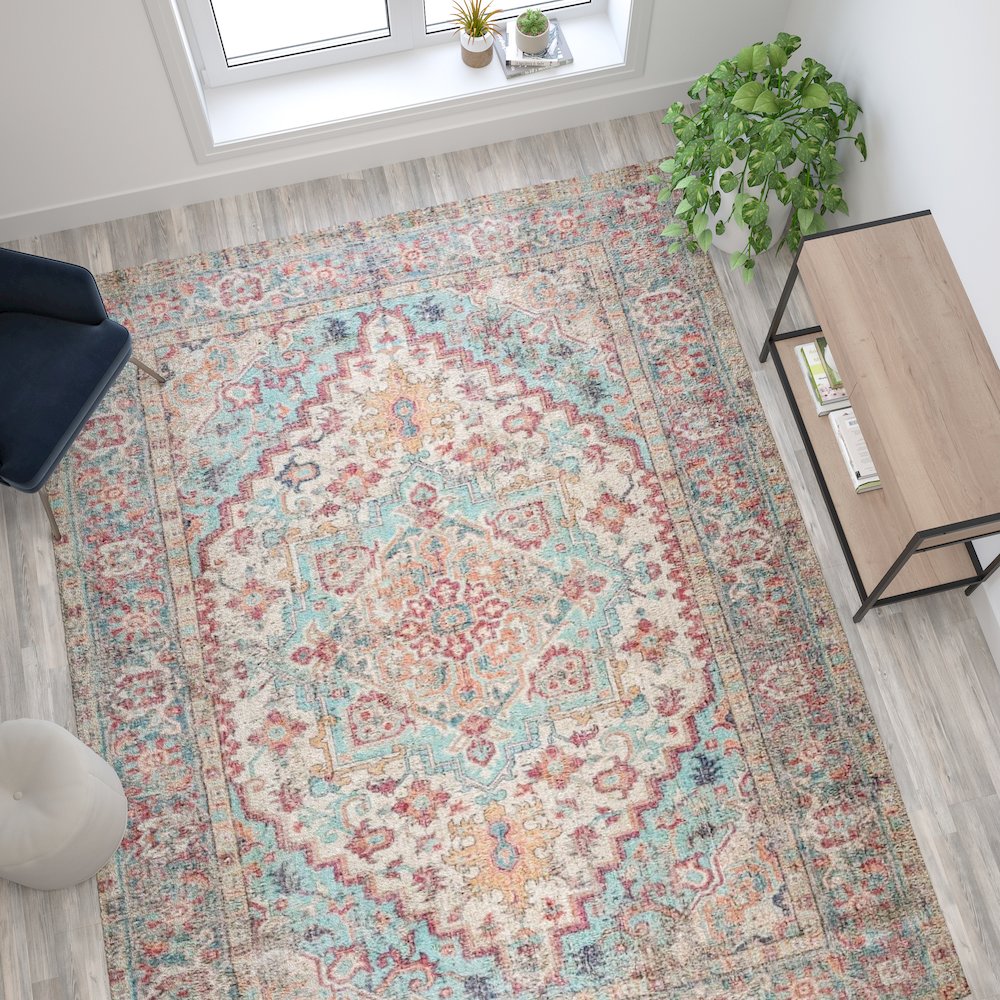 Distressed Vintage Medallion Area Rug - 8' x 10' - Blue Multi Polyester